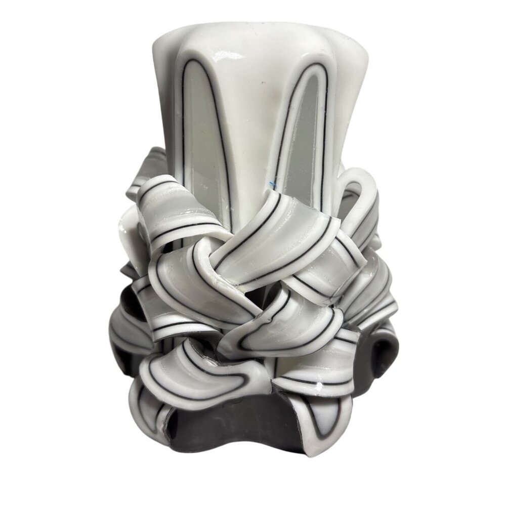 Ribbon Candle Intricate Swirl Details 5" Tall Handcrafted White & Gray